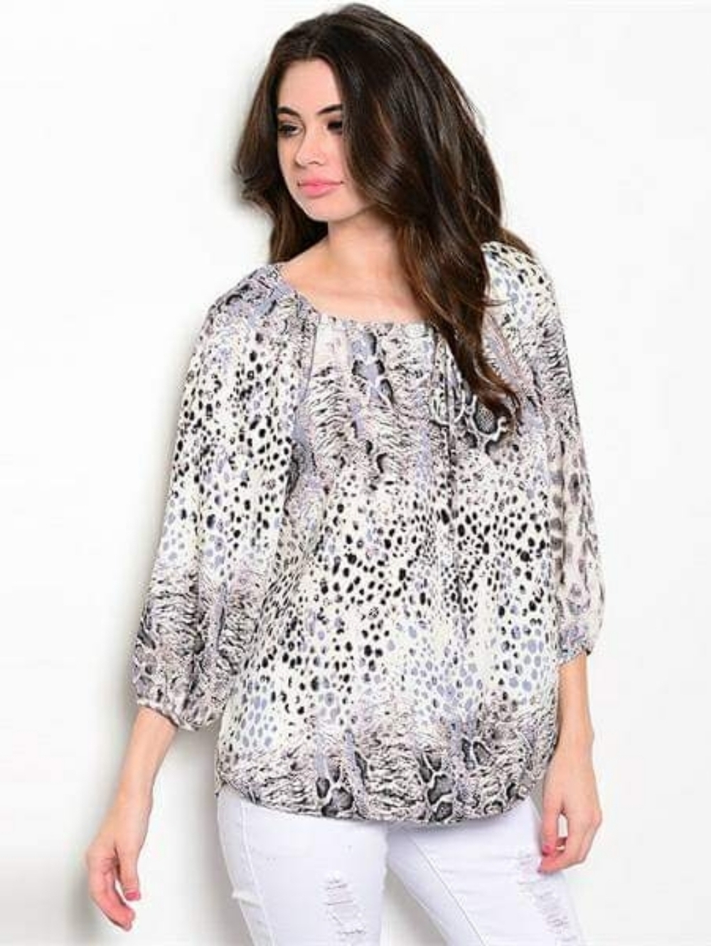 Womens Printed Animal-Blend Blouse in White and Gray